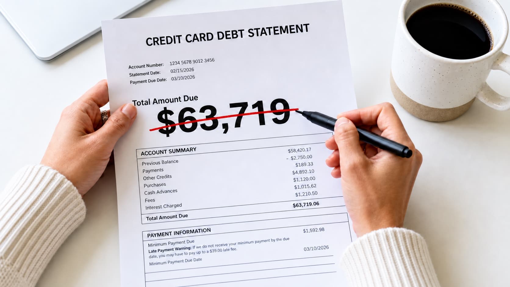 A credit card debt statement with the $63,719 total balance crossed out in red